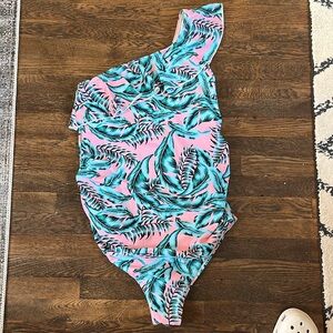 Maternity One-Shoulder Leaf Print Swimsuit - Pink and Green